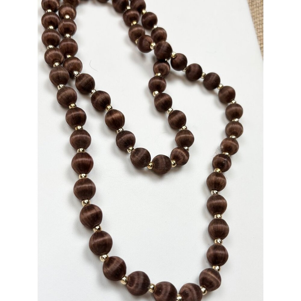 Brown satin thread Beaded Necklace With Gold Accents 30 Inches Long